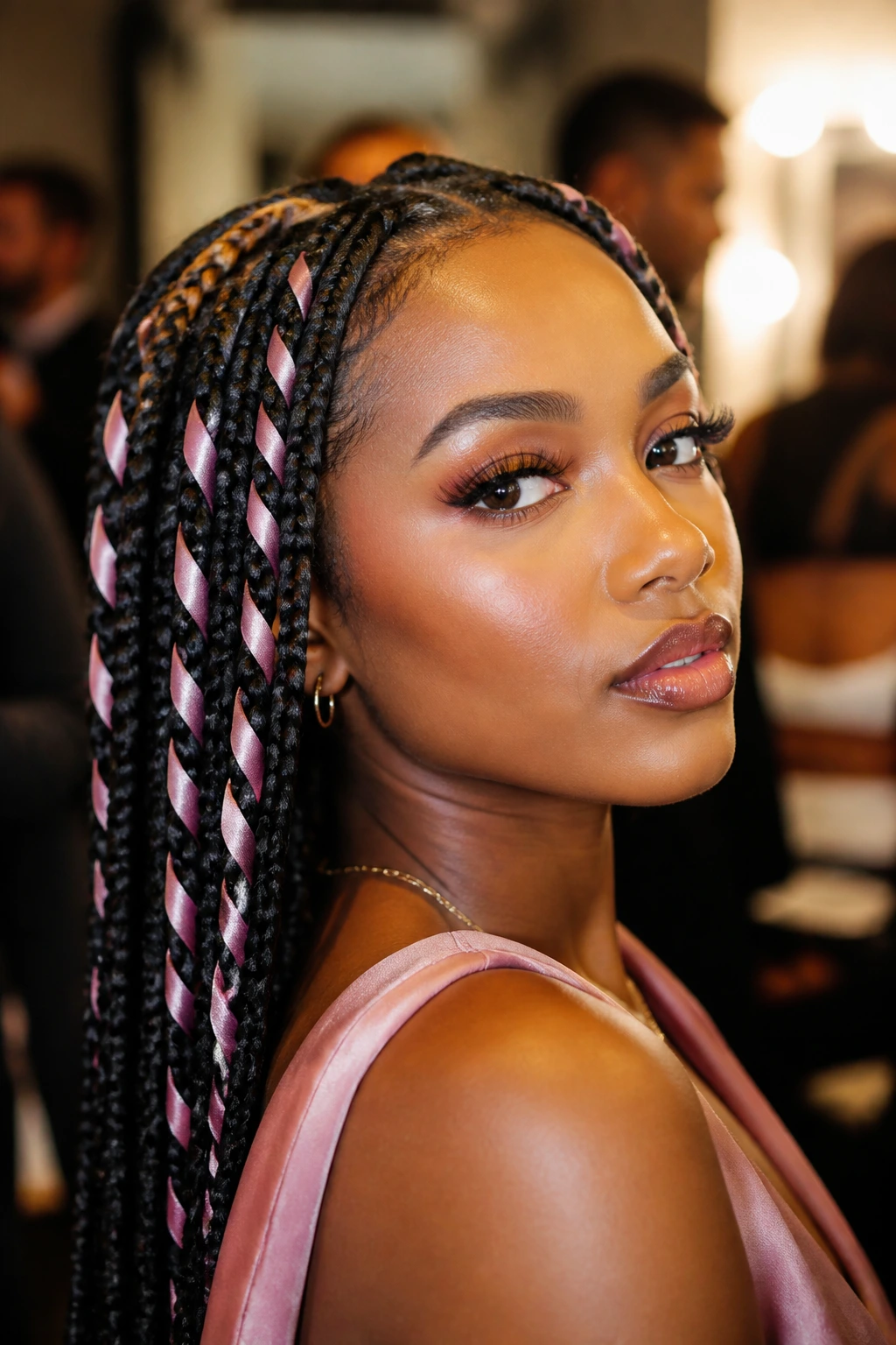 Close-up of a real person with ribbon-wrapped knotless braids in a backstage setting