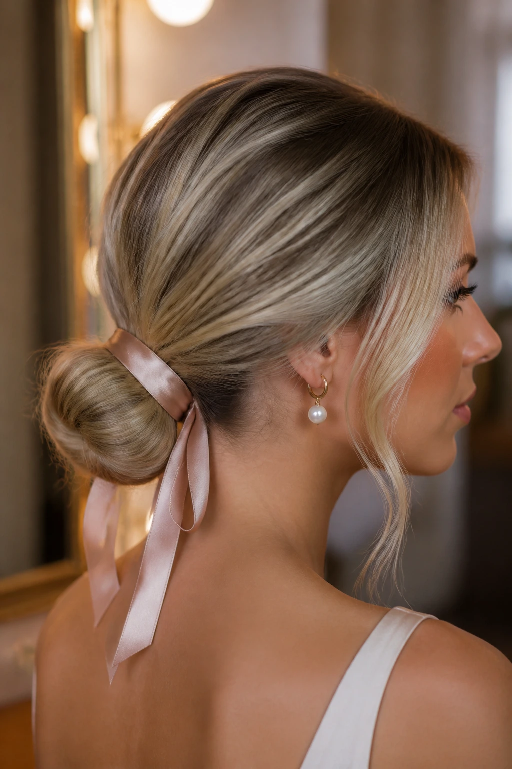 Real woman with ribbon-wrapped low bun.