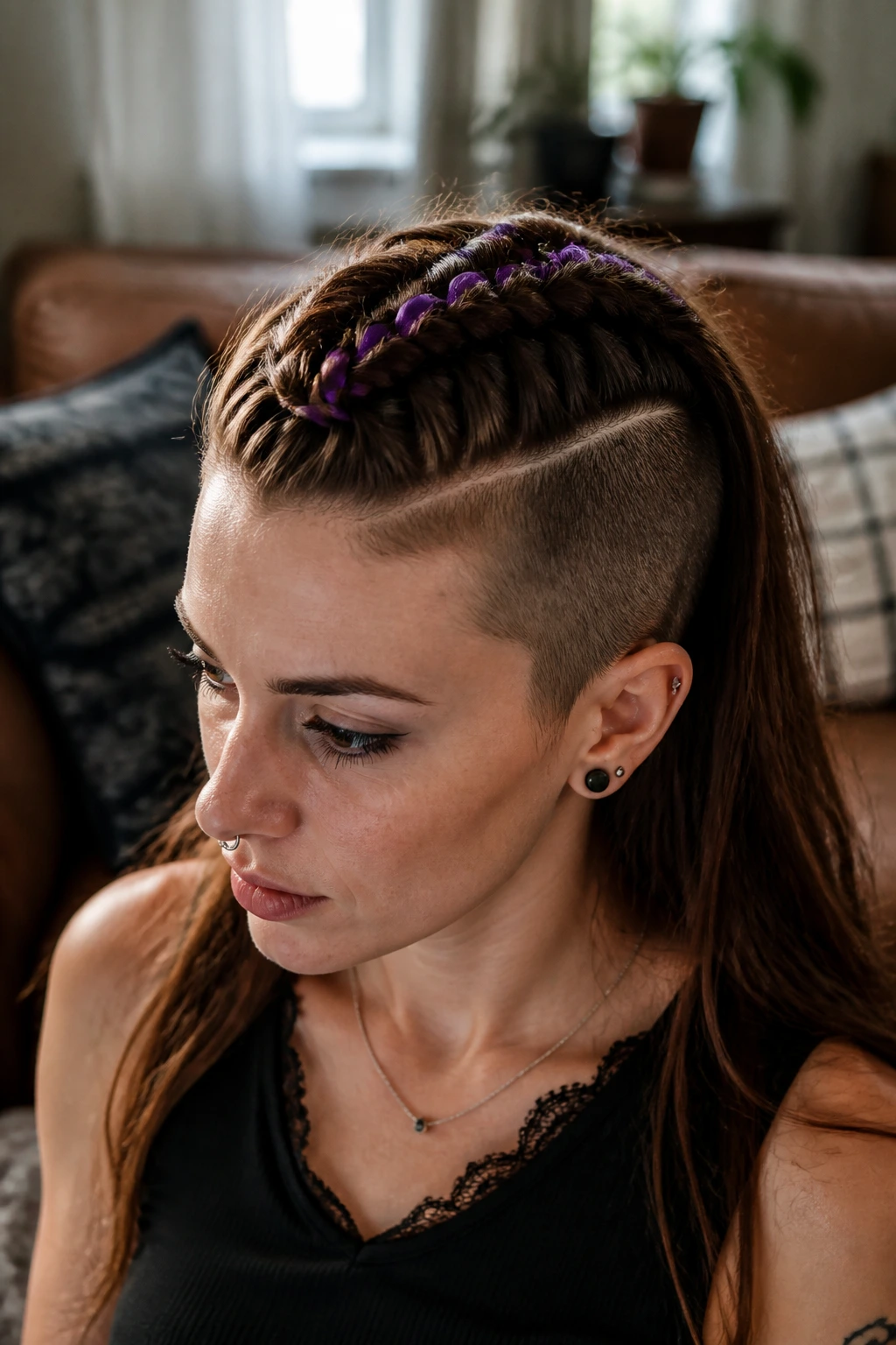 Close-up portrait of a real person with a ribbon-wrapped mohawk hairstyle.
