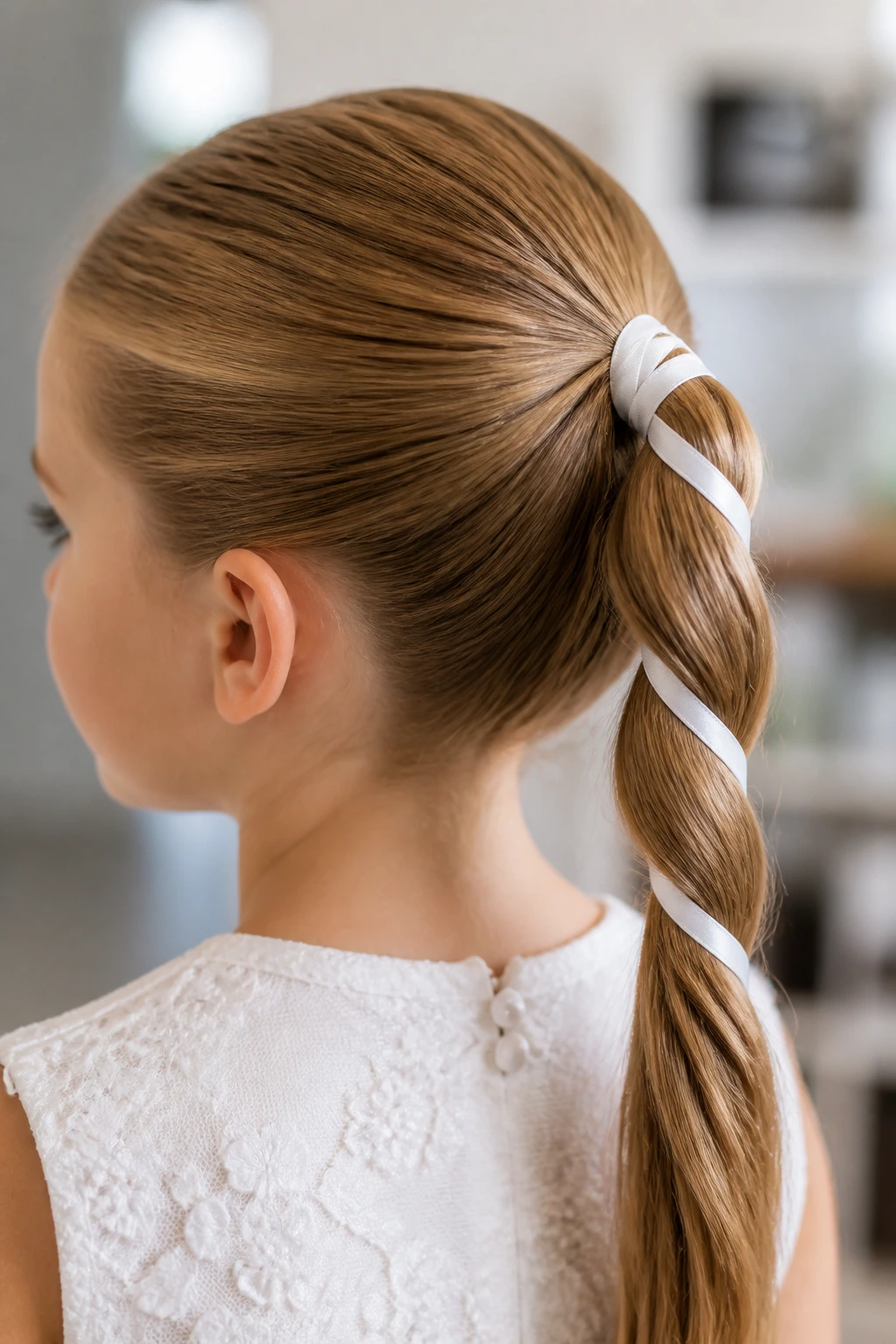 Close-up of a child with a ribbon-wrapped ponytail