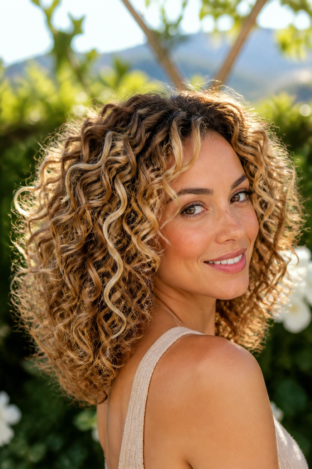 Close-up of a real woman with ribboned honey blonde curls in warm sunlight