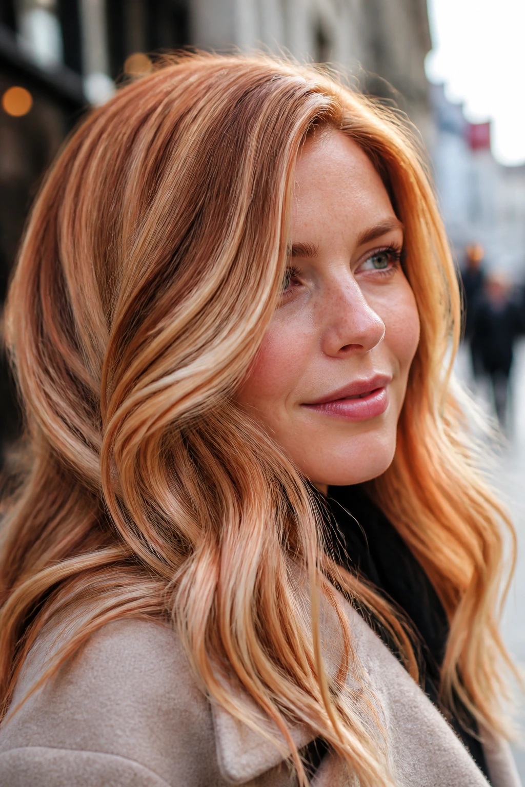 Close-up of a real woman showing ribboned strawberry dimension with multi-tone highlights
