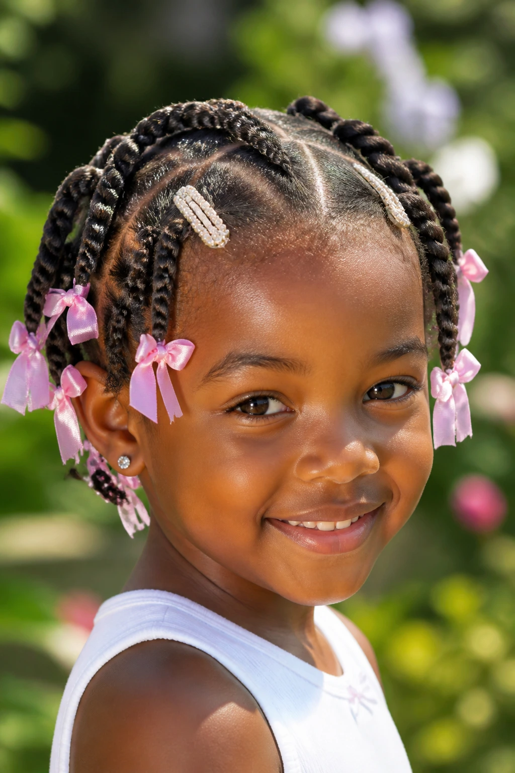 Close-up of a child with ribbons and barrettes in twists in a sunny garden.