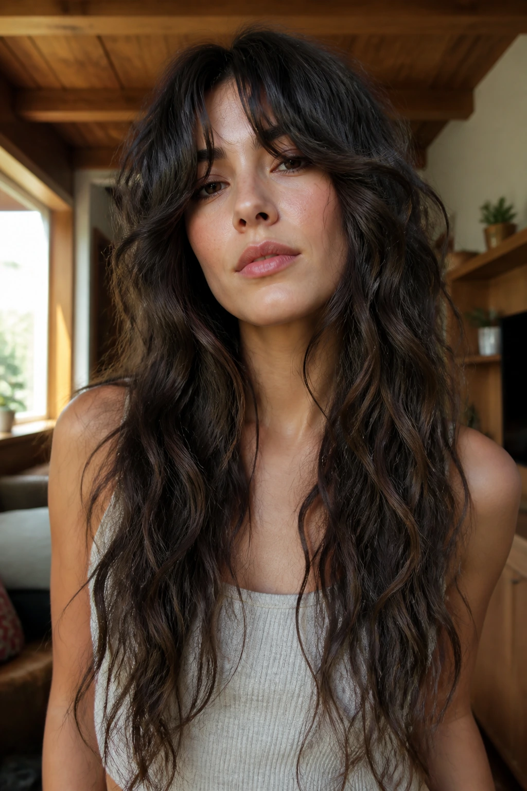 Close-up portrait of a real woman with ribcage-length shag wolf haircut and long waves.