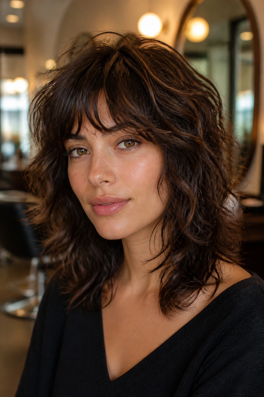 Close-up of a real person with a rich brown shag and subtle highlights