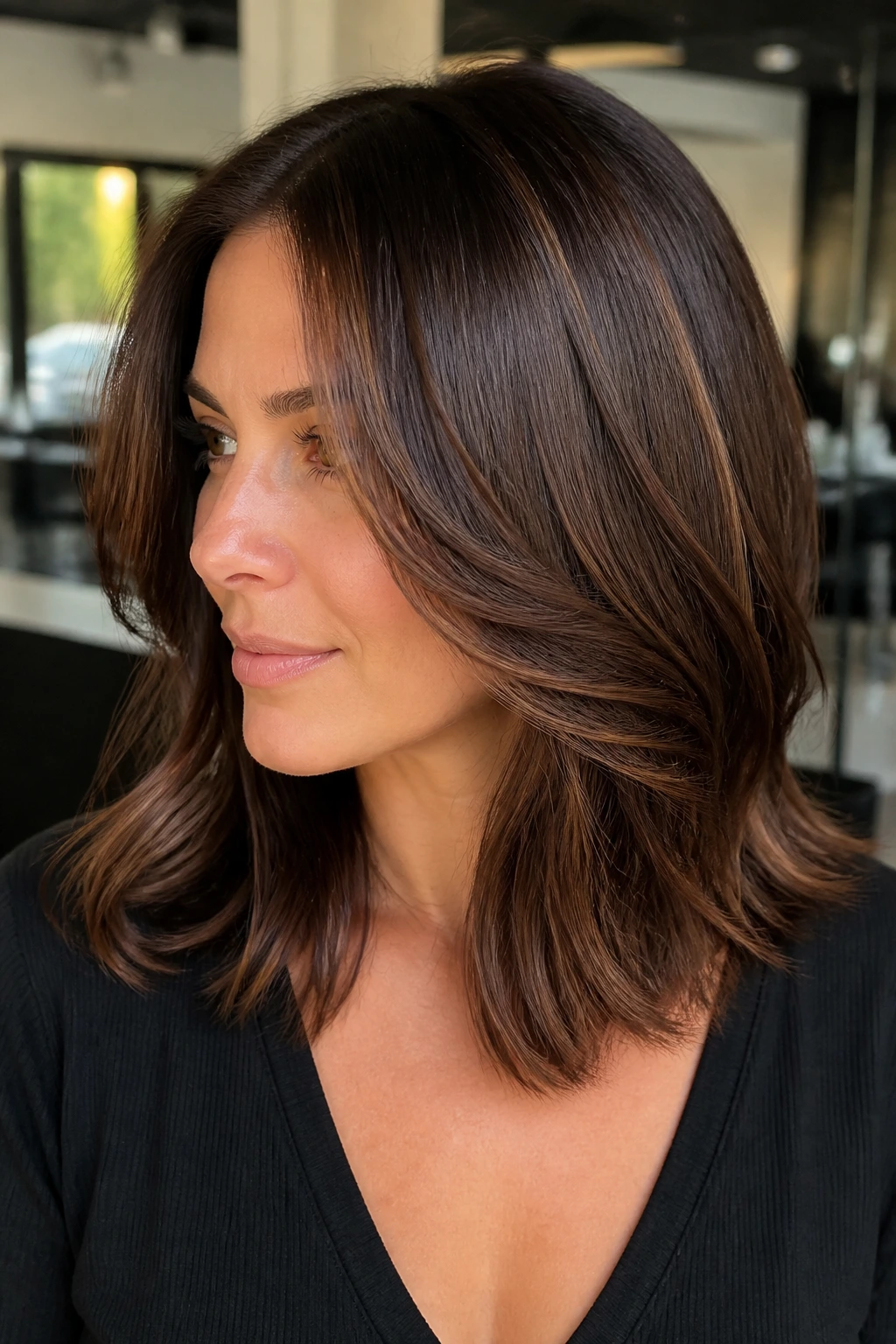 Portrait of brunette with dimensional color on medium-length hair