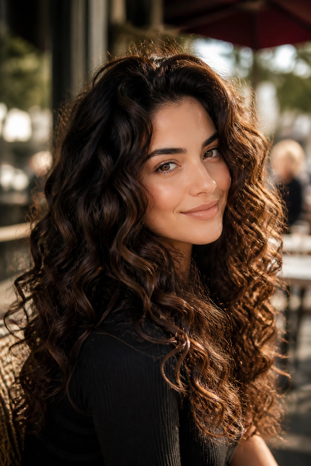 Portrait of a woman with rich chocolate curls in natural light