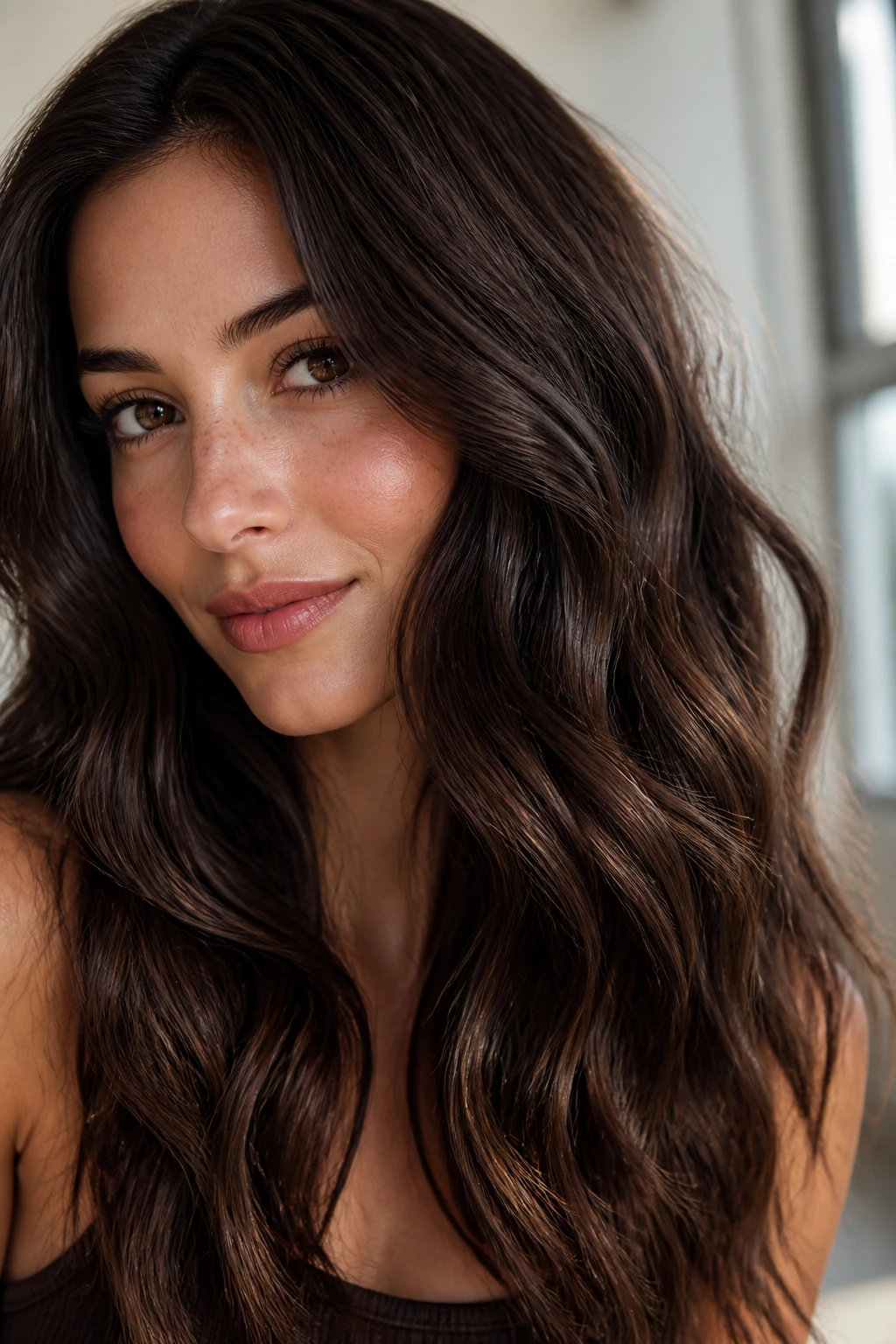 Close-up of a real woman with deep chocolate hair and micro-highlights in waves