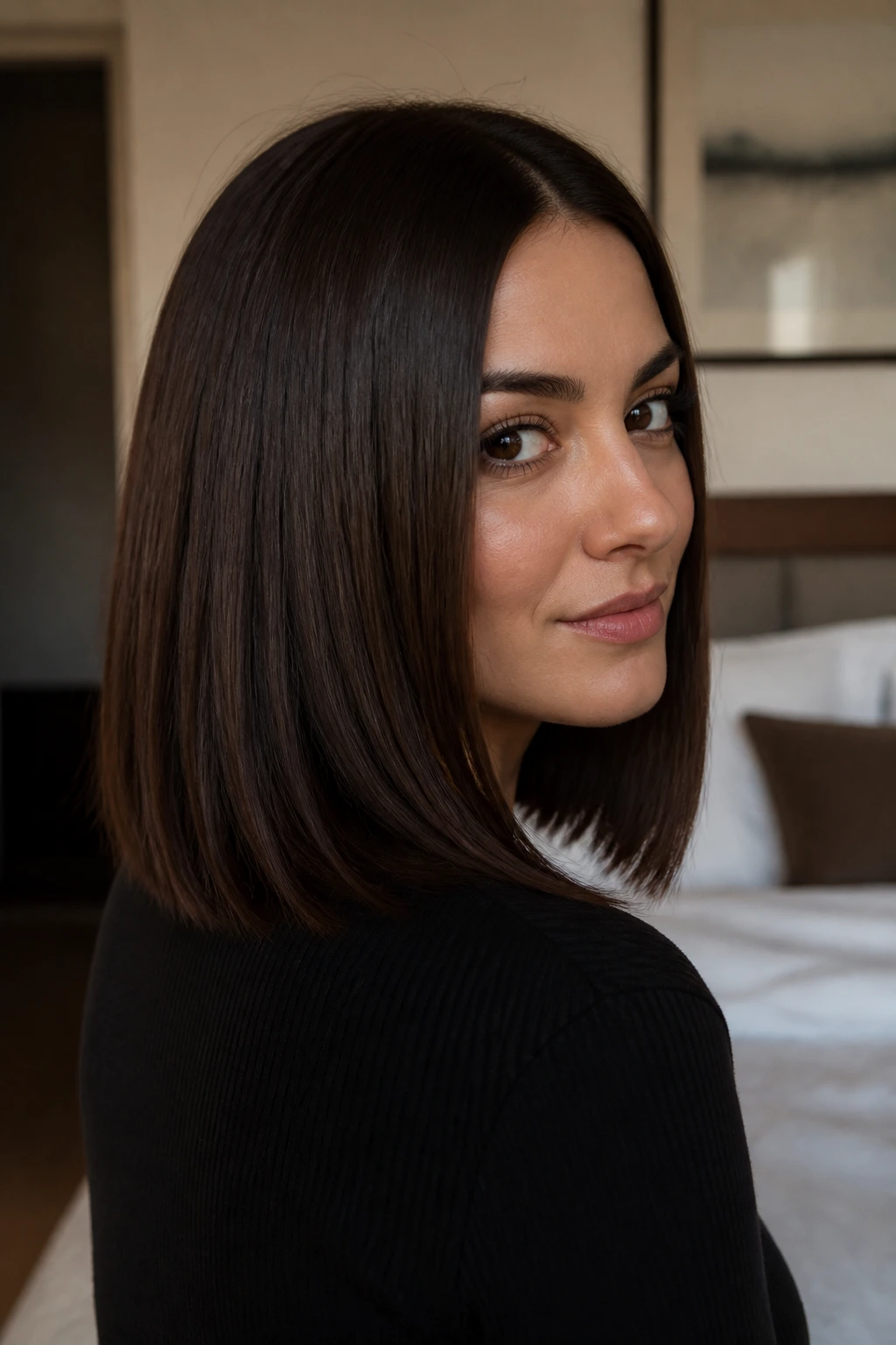 Real woman with blunt-ended mocha brown hair in a medium-length cut.