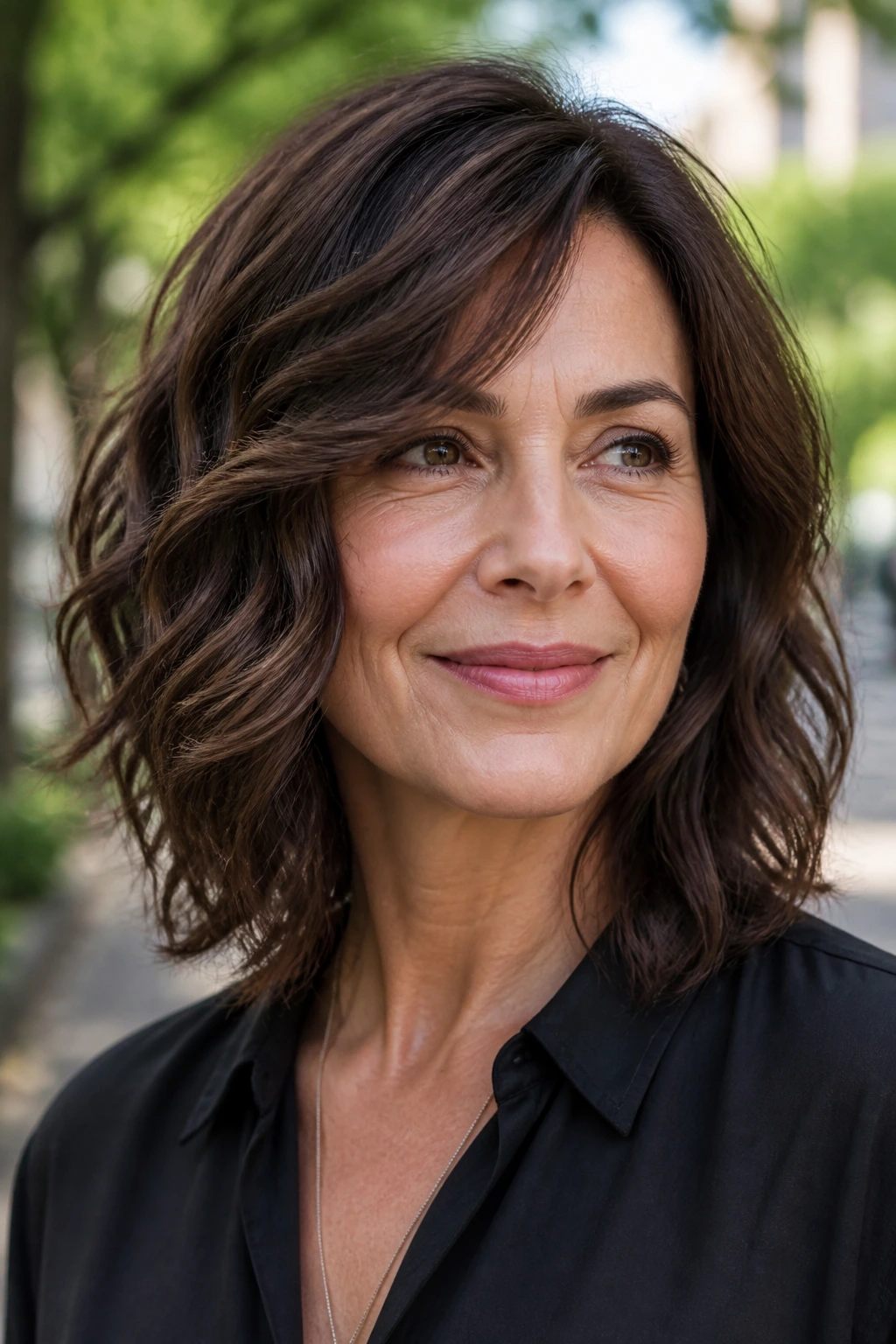 Close-up of a real woman with rich mocha wave lob in an outdoor park setting