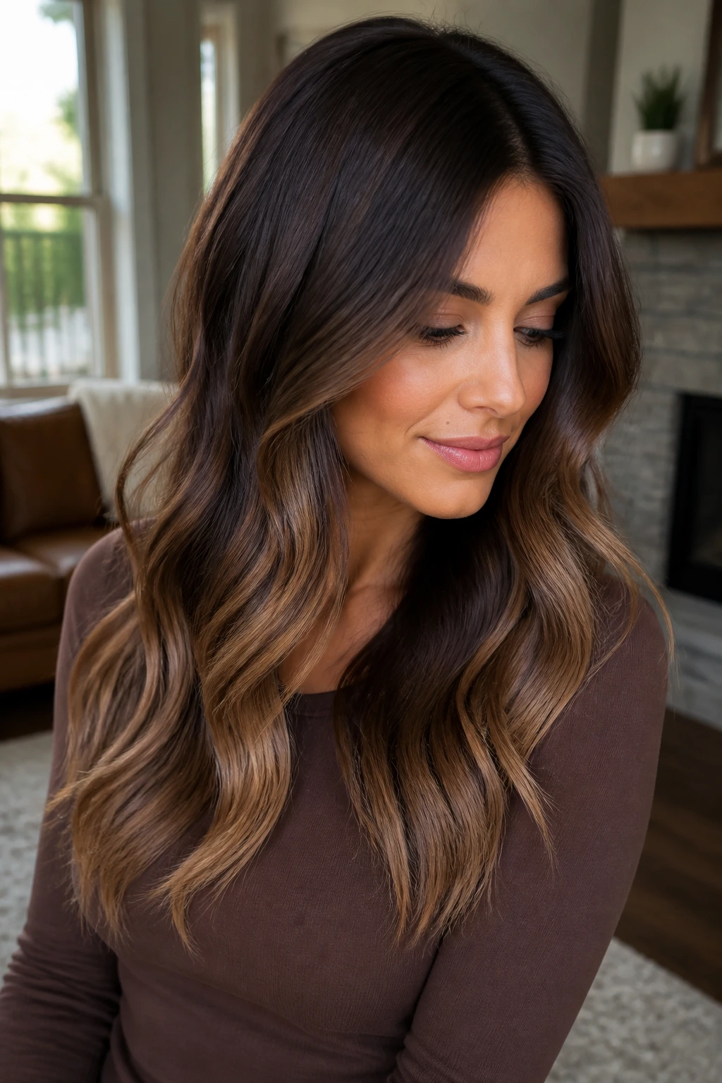 Close-up portrait of a real woman with rich mocha melt brunette hair