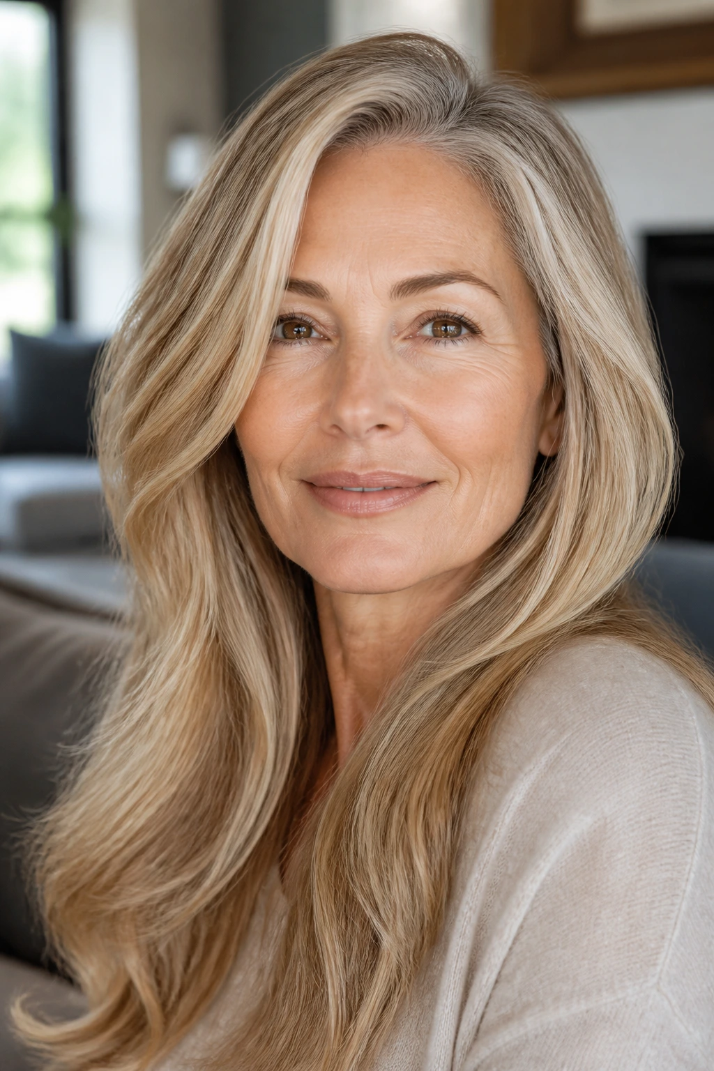 Portrait of a mature woman with blonde shade and gray blending