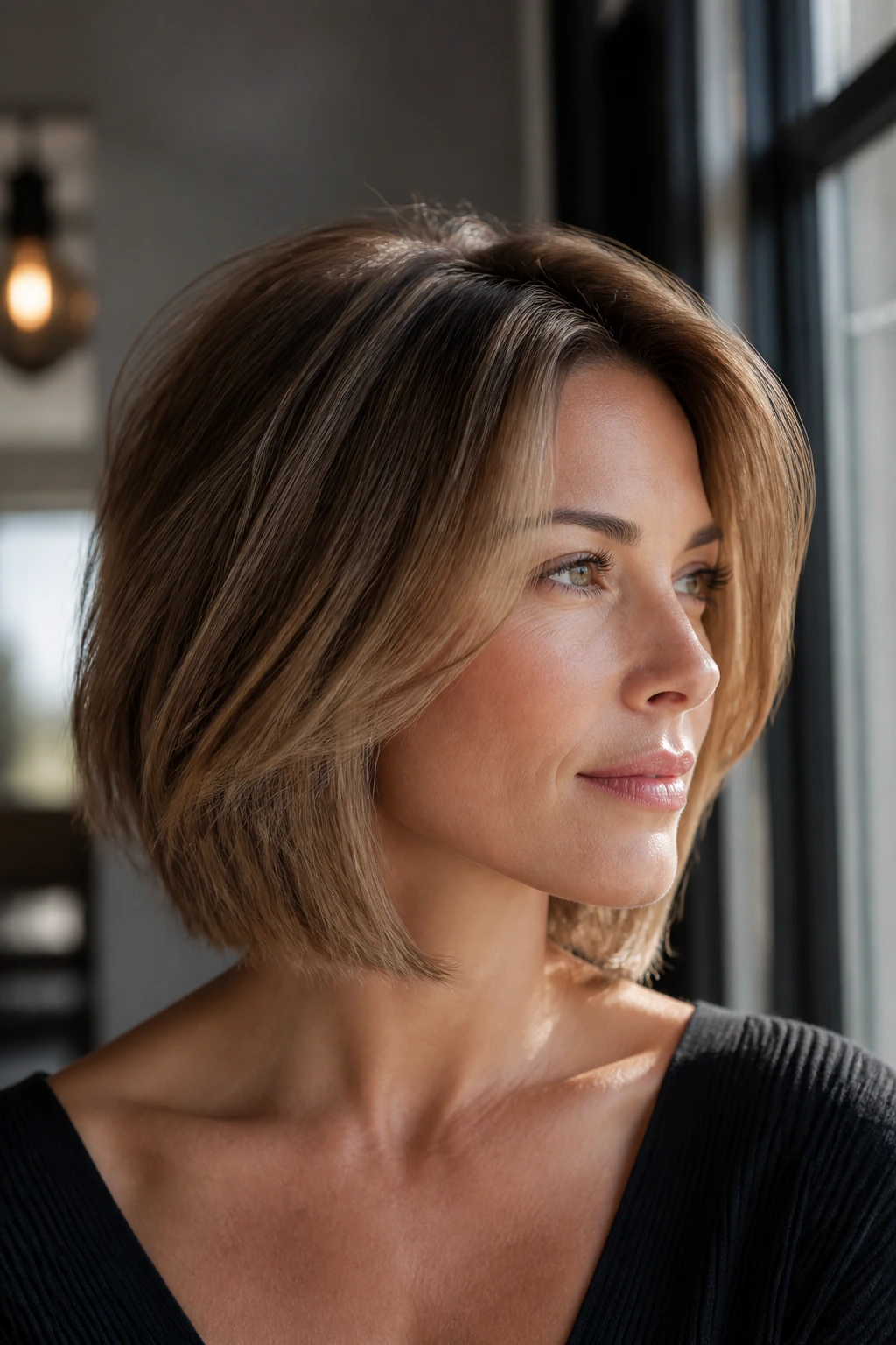 Portrait of a real woman with a well-balanced haircut illustrating the importance of cut over product