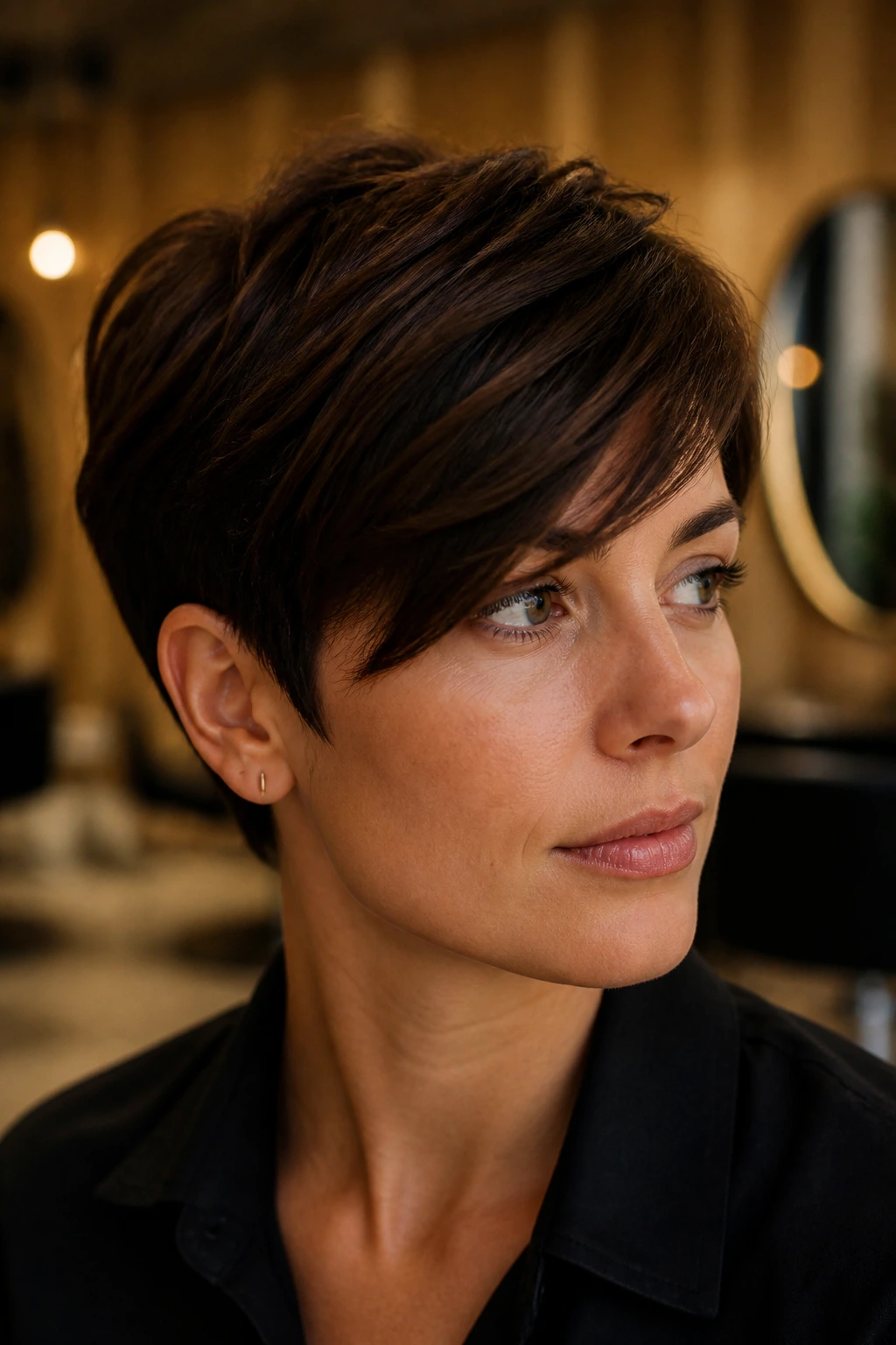 Real person with a right-fringe changing the haircut silhouette