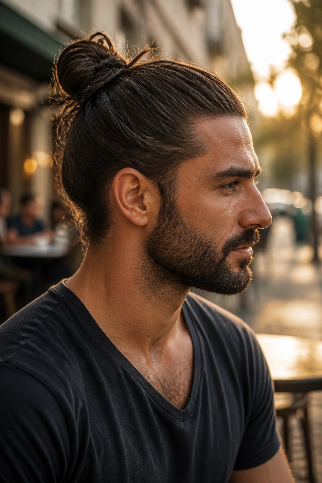 Side profile of a man with a balanced right knot at golden hour