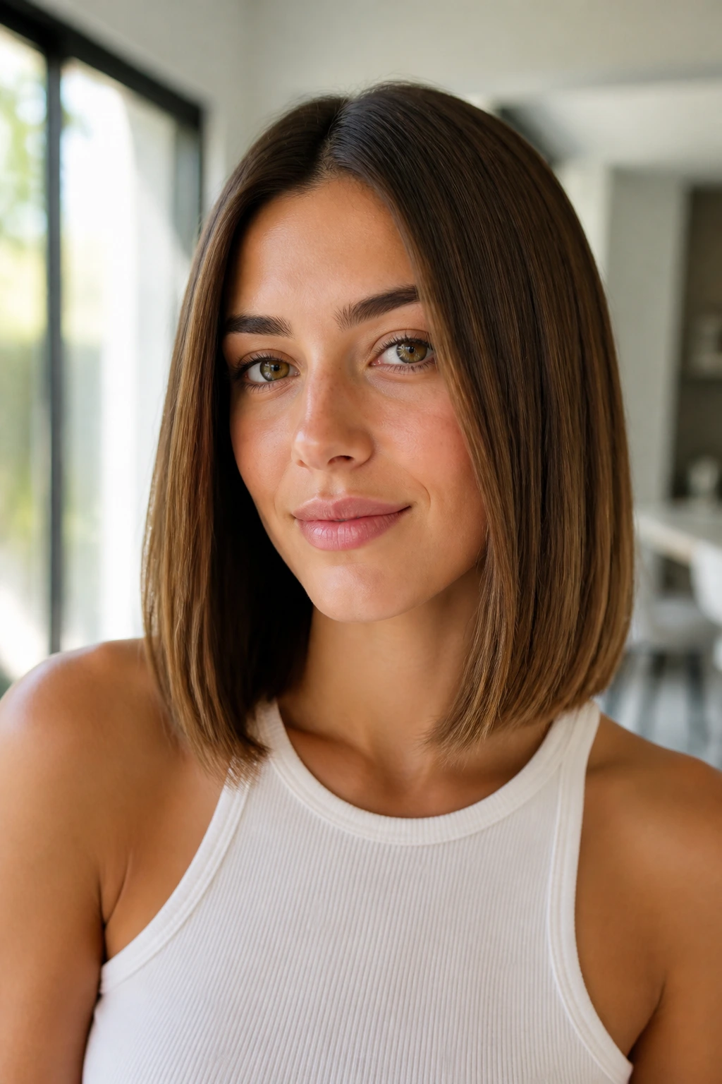 Close-up portrait showing a collarbone-length lob with crisp ends on a real woman