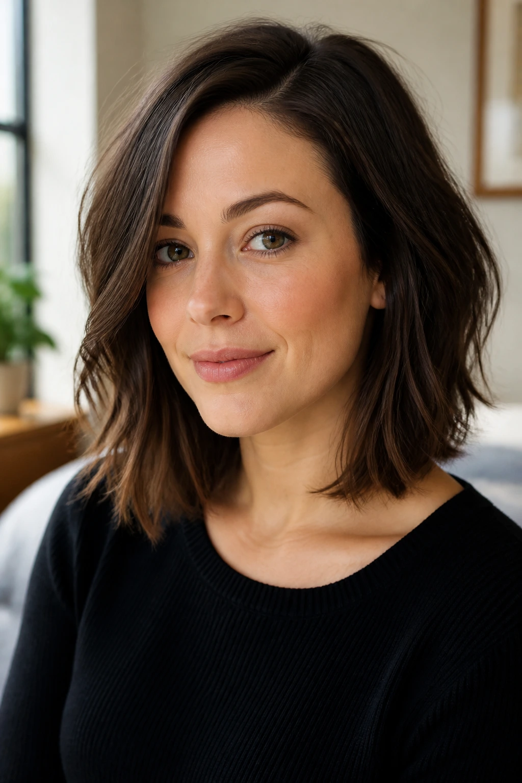 Close-up portrait of a real person with collarbone-length shoulder-length hair and off-center part