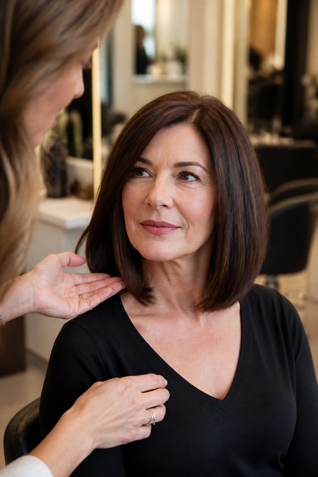 Close-up of a real client in a salon chair discussing a right lob with a stylist