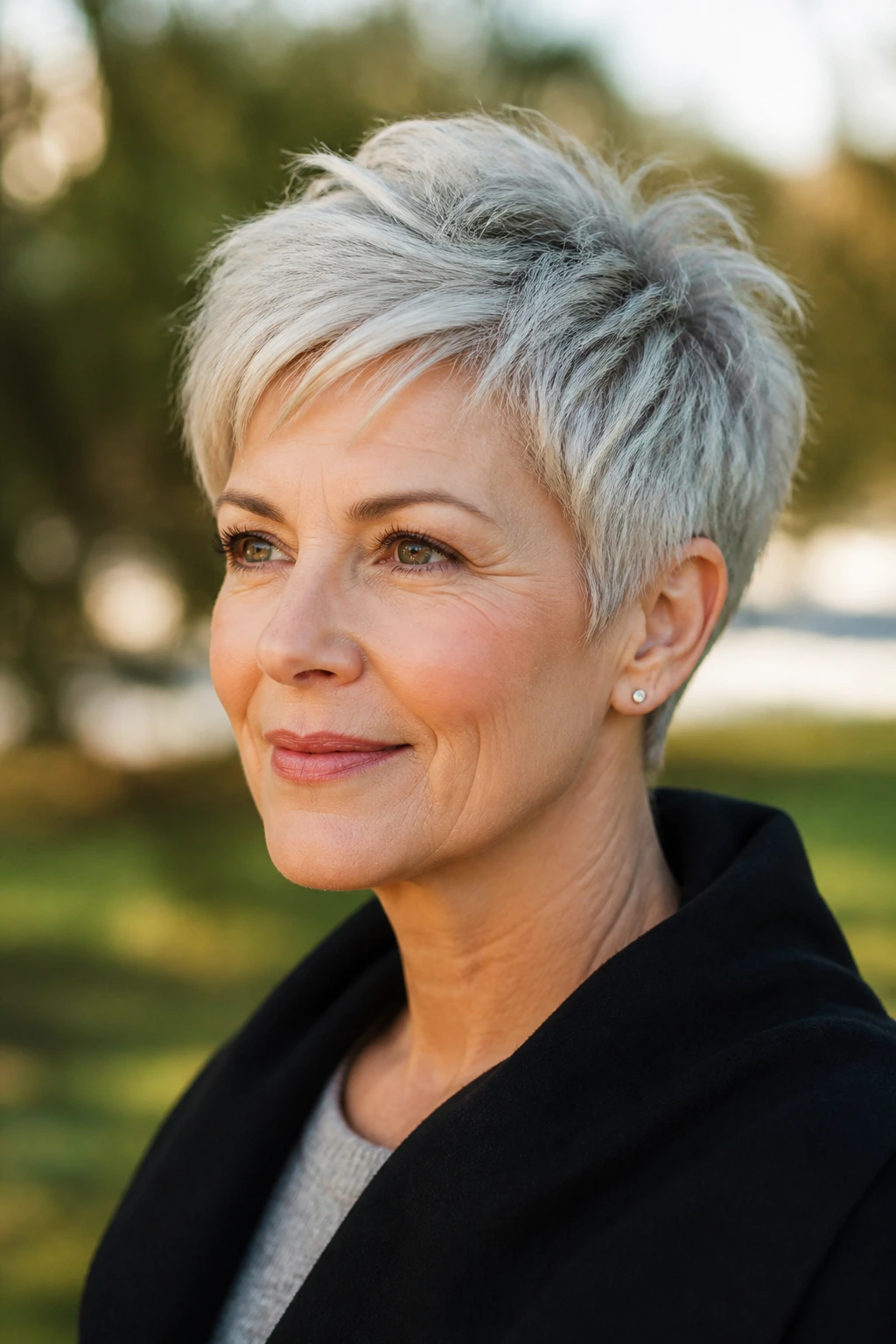 Portrait of a real woman in a pixie that flattters hairline and face with crown lift.