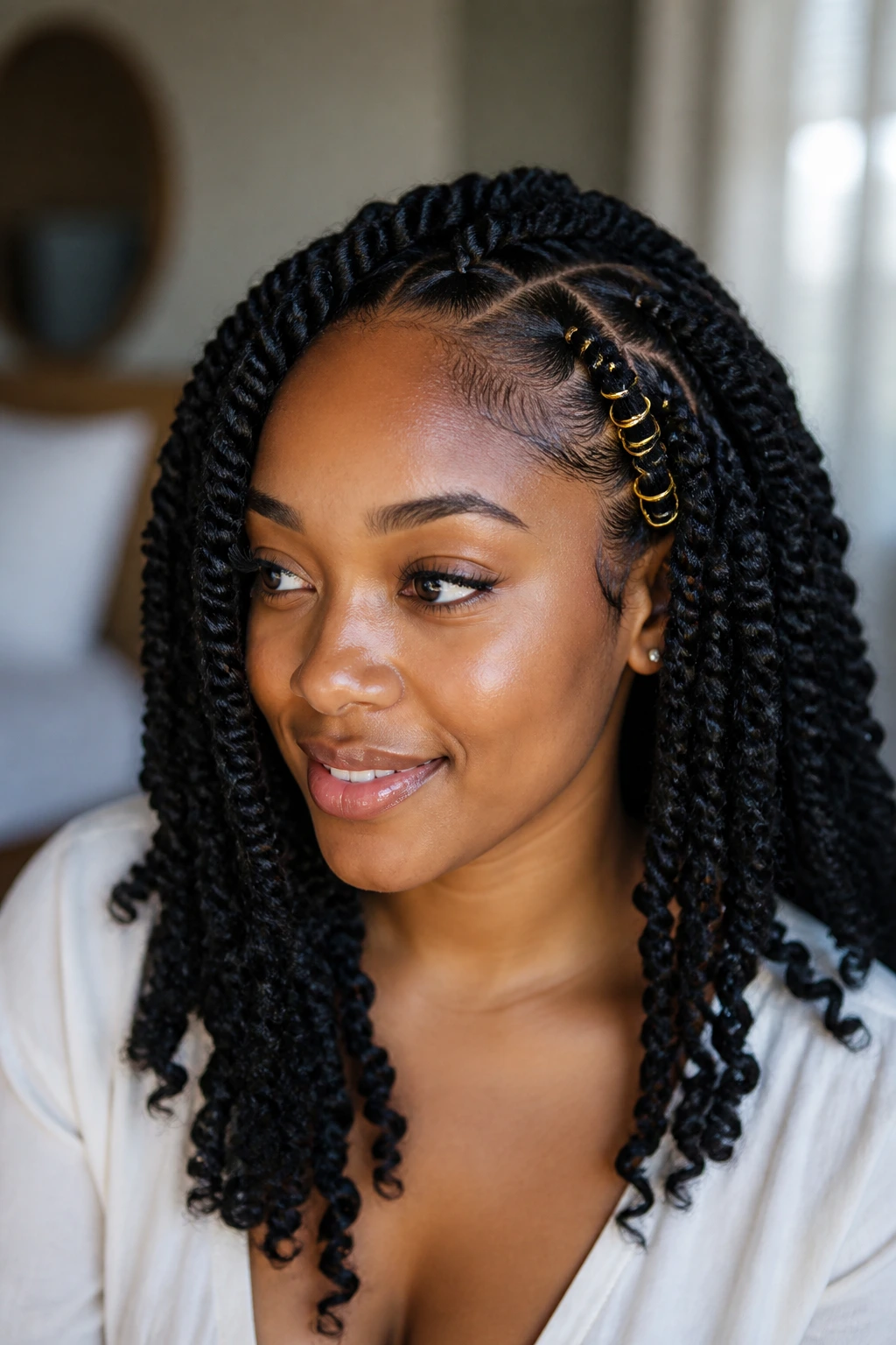 Close-up of a real woman with ring-stacked spring twists at the front.