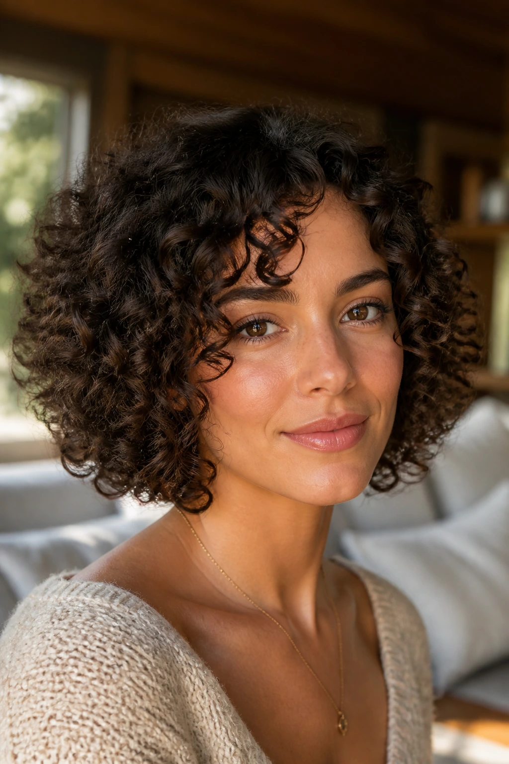 Close-up of a real woman with a defined ringlet bob and springy curls in warm living-room light.