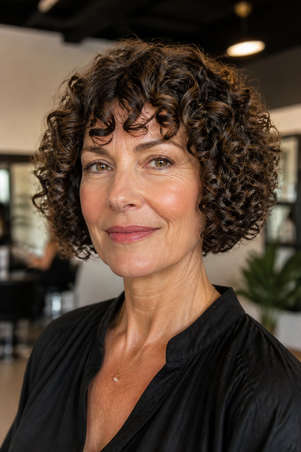 Close-up of a real woman with a defined ringlet bob and tight curls
