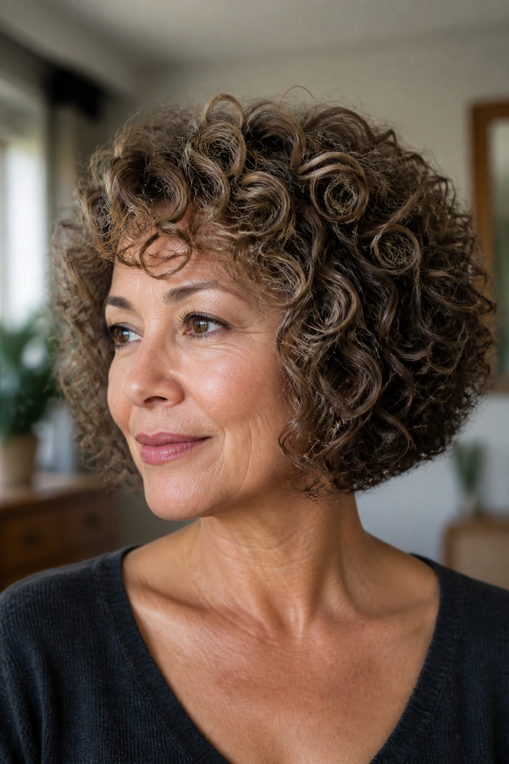 Close-up portrait of a real woman with ringlet bob and micro-layers, defined curls