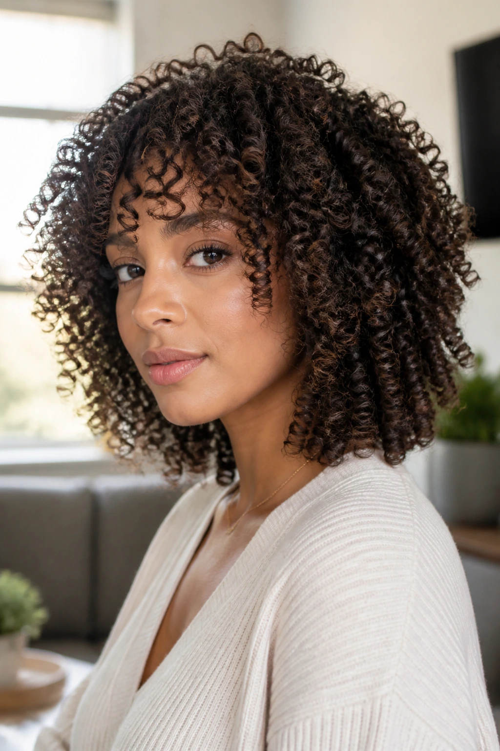 Portrait of a real woman with distinct ringlets and separated coils
