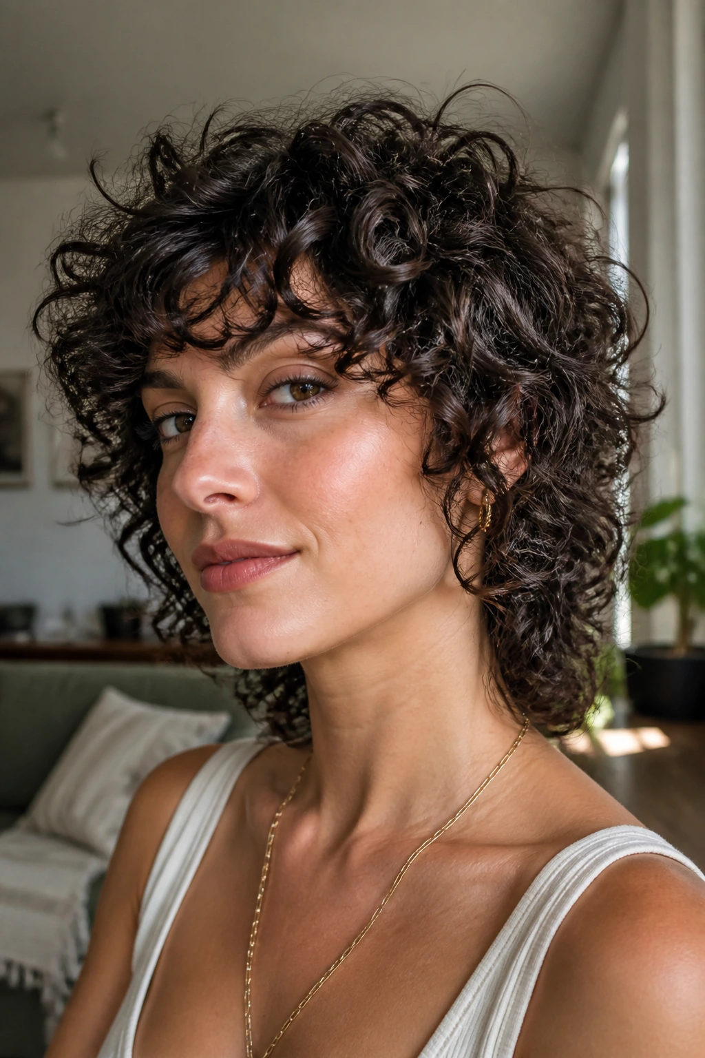 Close-up of real person with ringlet-defined shag and defined curls