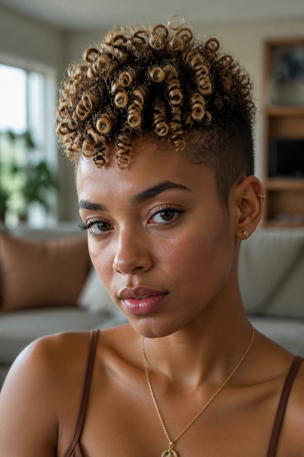 Close-up portrait of a real woman with ringlet hawk curls and a defined center mohawk.