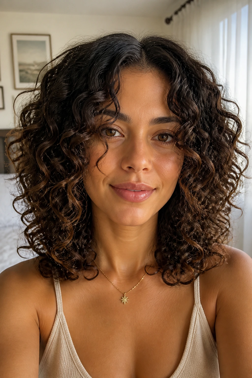 Real woman with middle-part shoulder-length ringlets opening the face