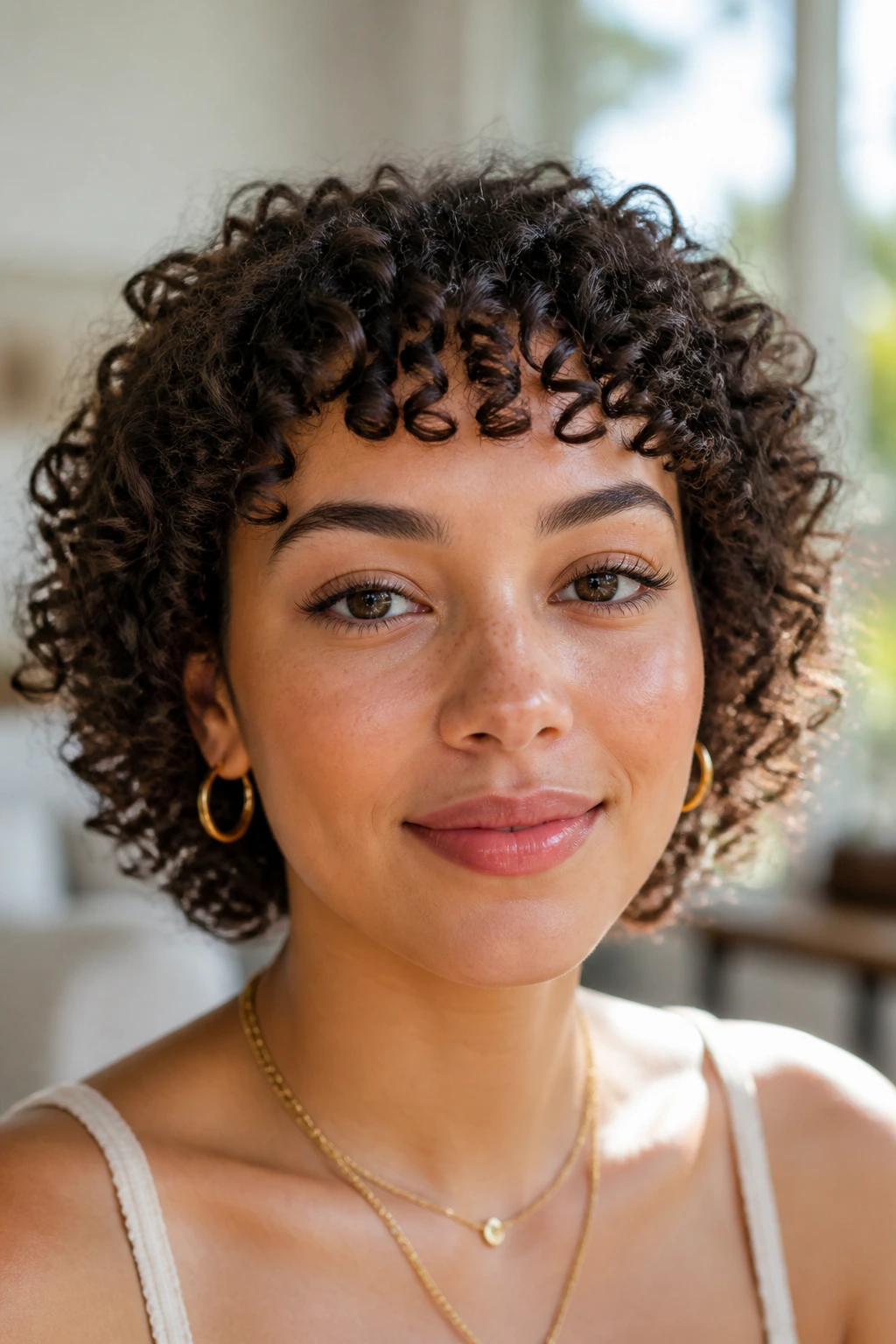 Close-up of a real woman with a ringlet micro fringe