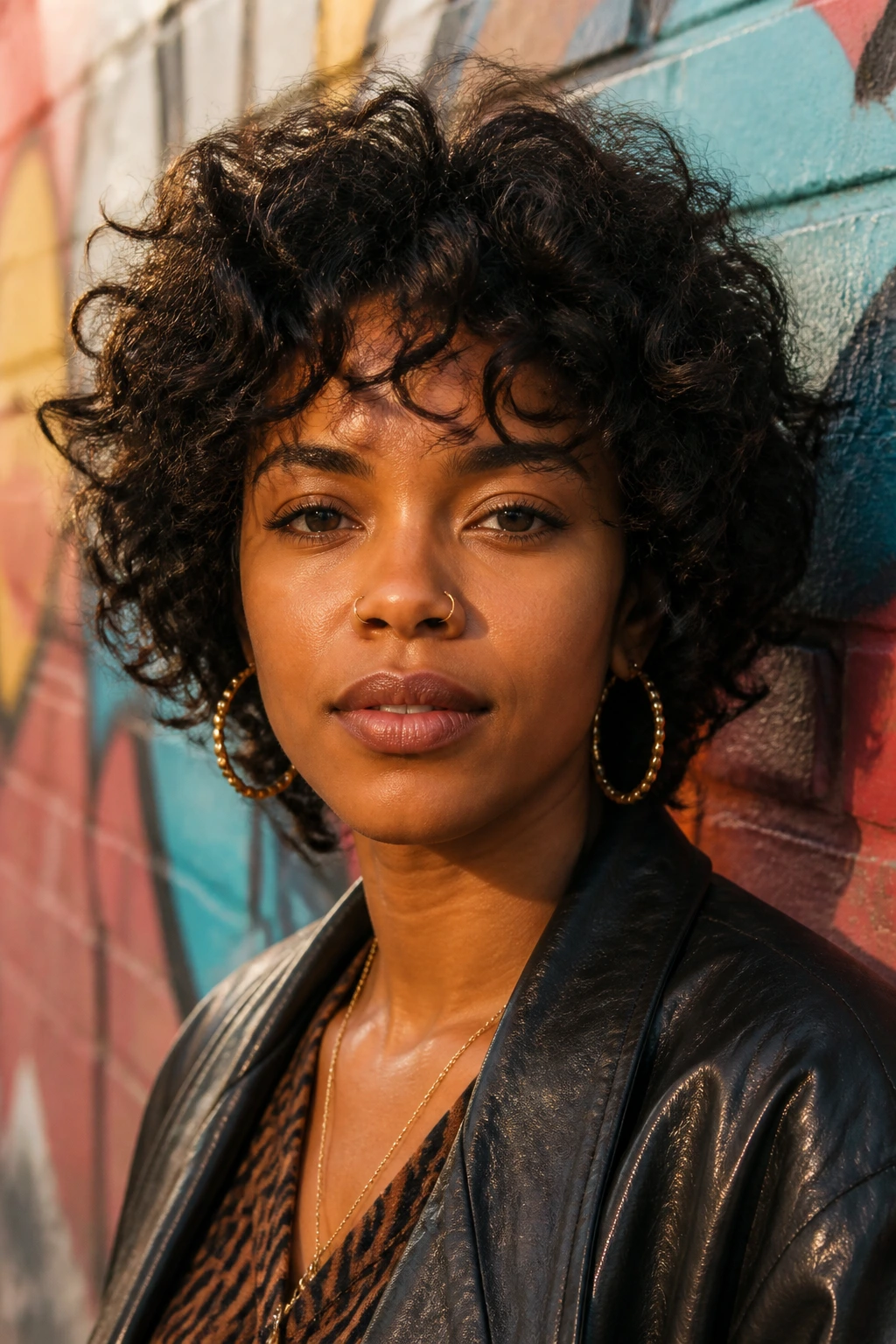 Close-up of real Black woman with ringlet shag loose layers against brick wall in late sun
