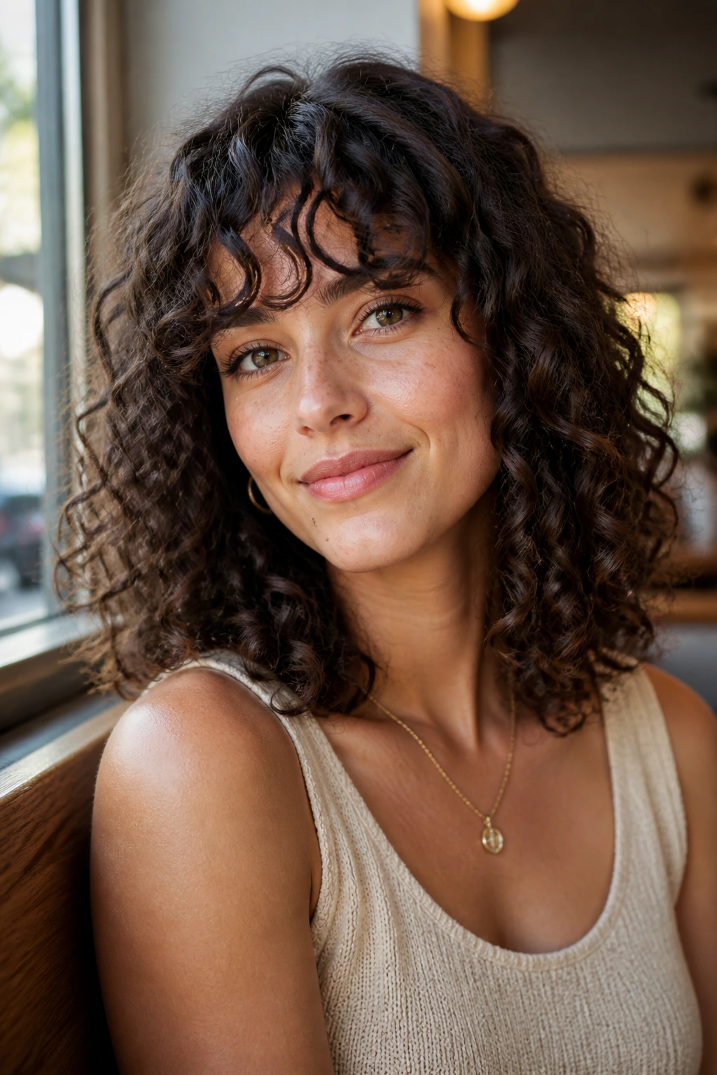 Close-up of a real woman with shoulder-length ringlets and brow-skimming bangs.