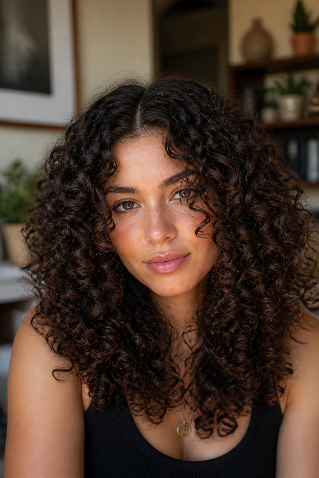 Close-up portrait of a real woman with thick ringlet layers and a center part