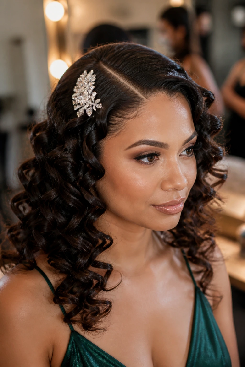 Close-up of a real woman wearing deep side-part ringlets with a crystal clip for a polished prom look