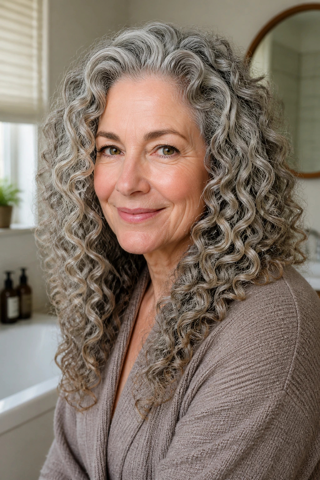 Close-up of an older woman with defined ringlets shaped by a Deva cut in natural light.