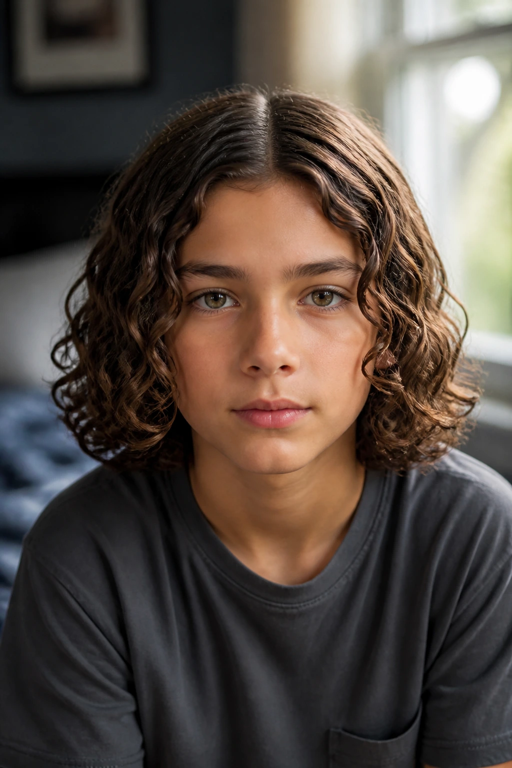 Boy with shoulder-length ringlets and a clean middle part.