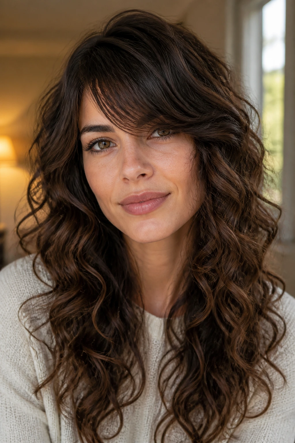 Close-up of a real woman with loose ringlets and a long side bang, natural window light.
