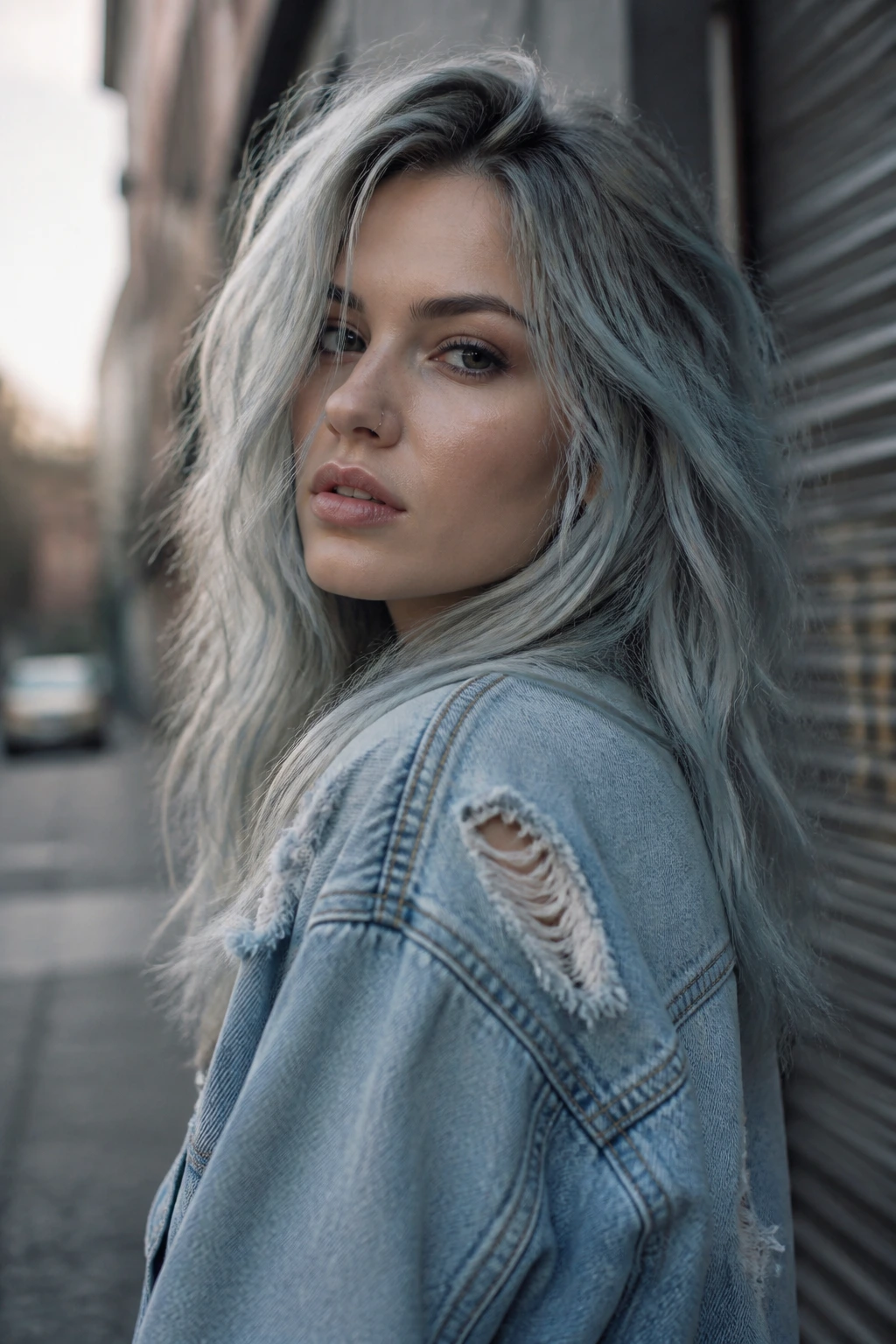 Close-up portrait of a real woman with ripped denim blonde hair