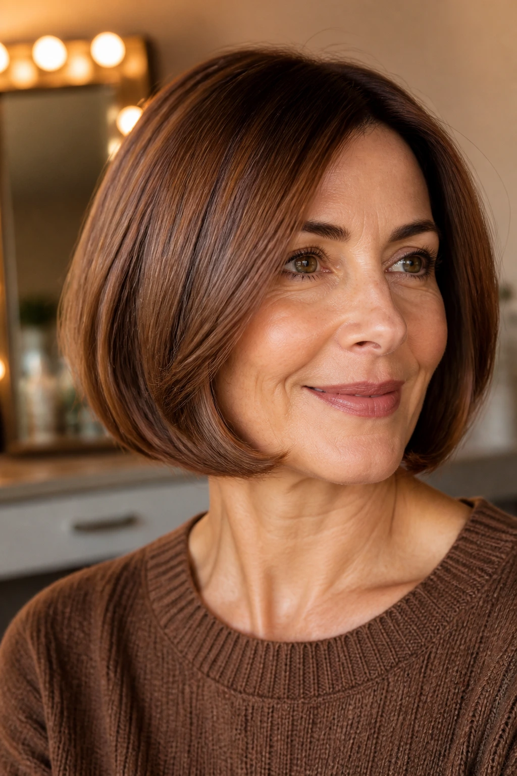 Close-up portrait of a real woman with roasted chestnut bob and tucked ends