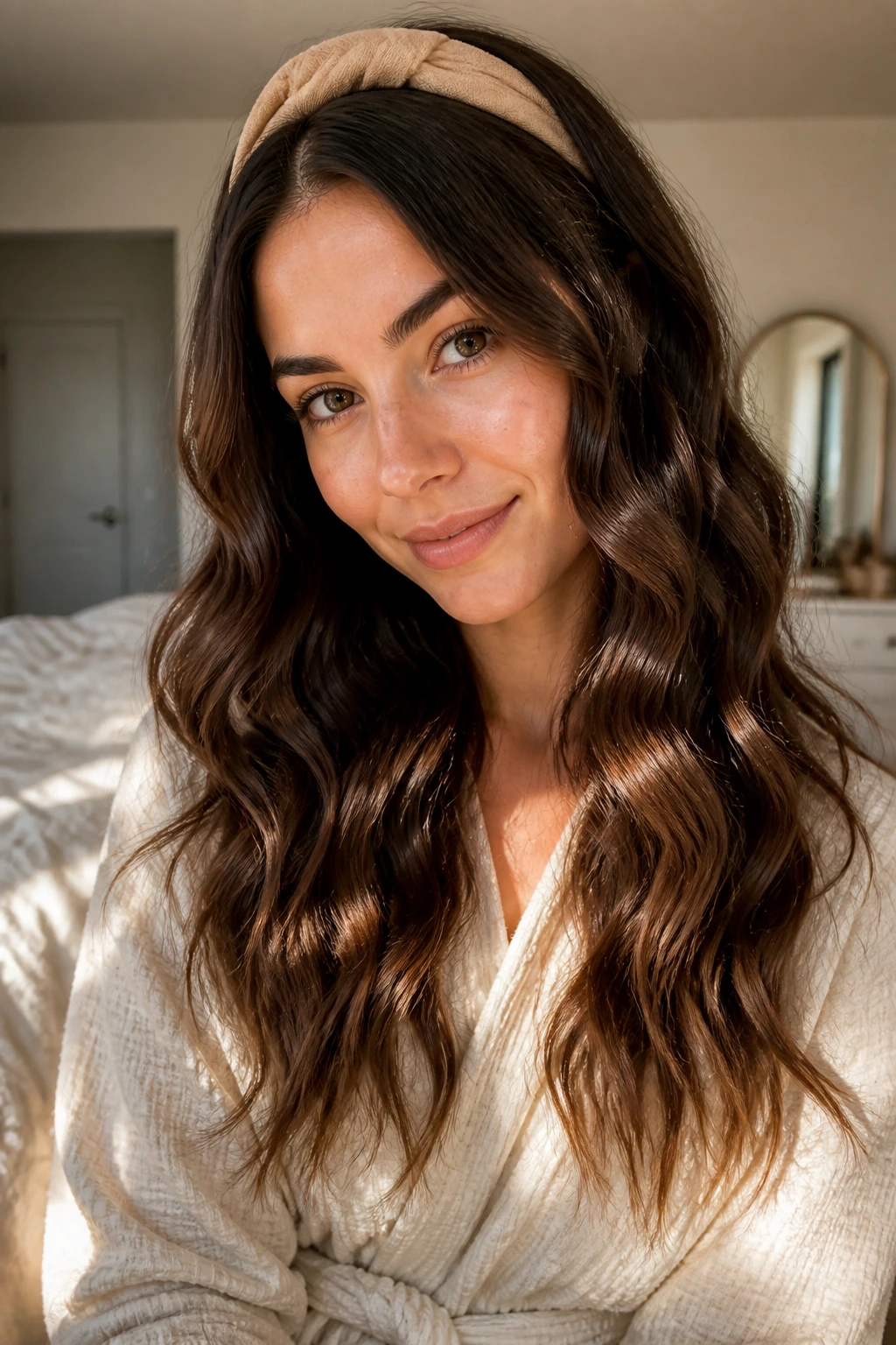 Close-up portrait of a real woman with robe-belt waves in a cozy bedroom.