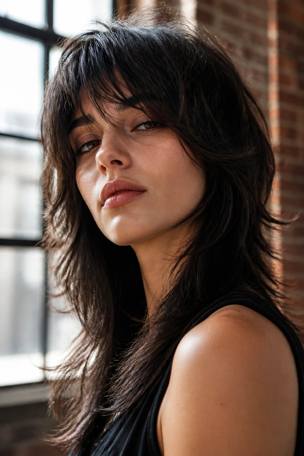 Close-up portrait of a real woman with a rock-and-roll shag in an urban loft setting