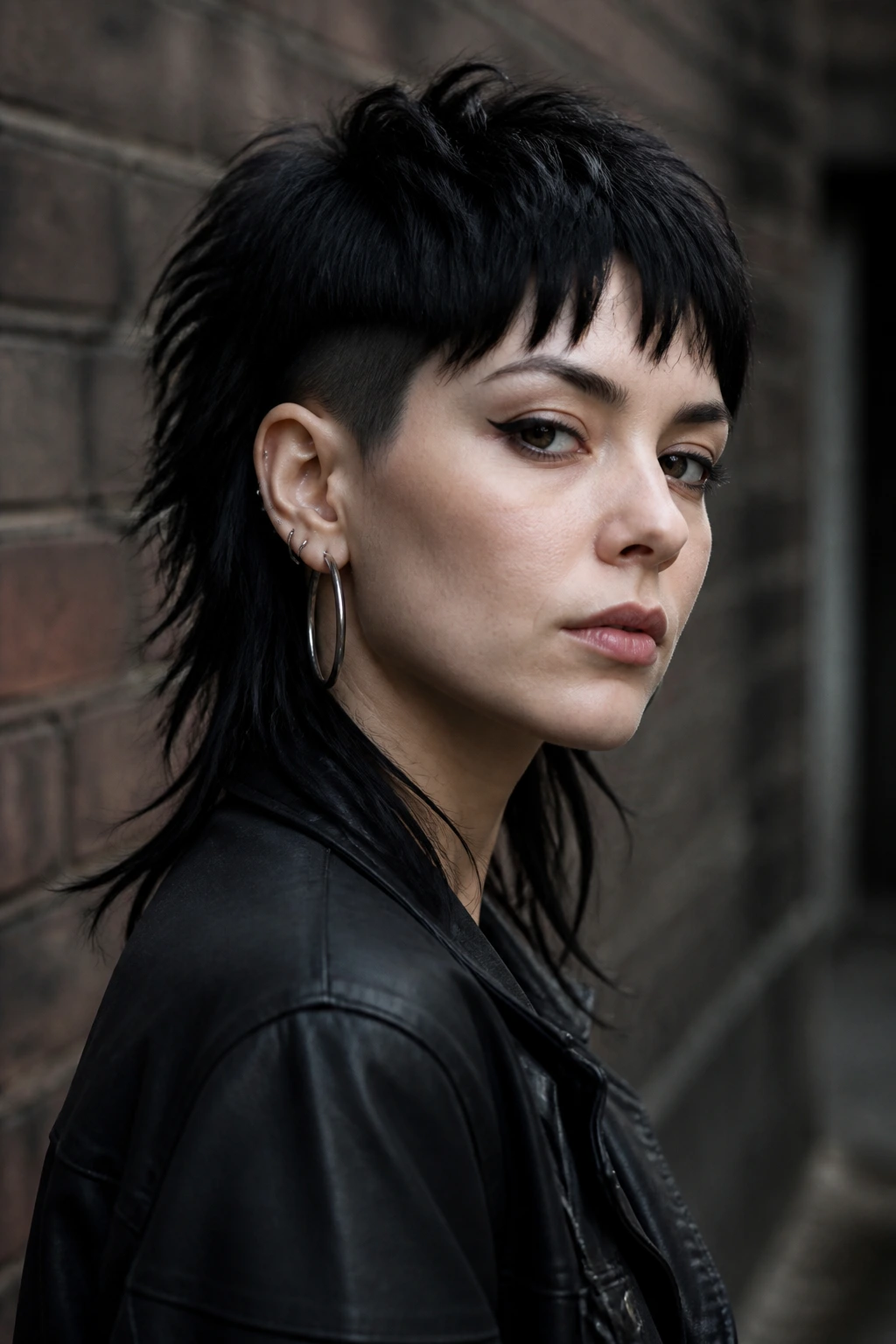Portrait of a real woman with rock-edge mullet in an urban alley