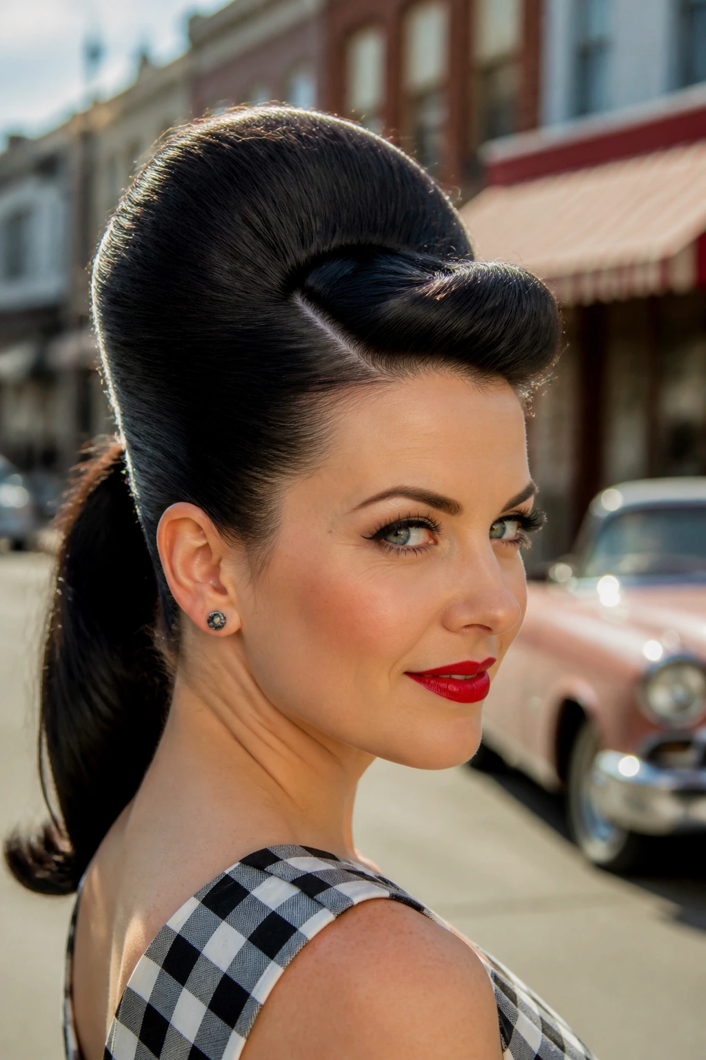 Close-up portrait of a real woman with a tall beehive crown and ponytail