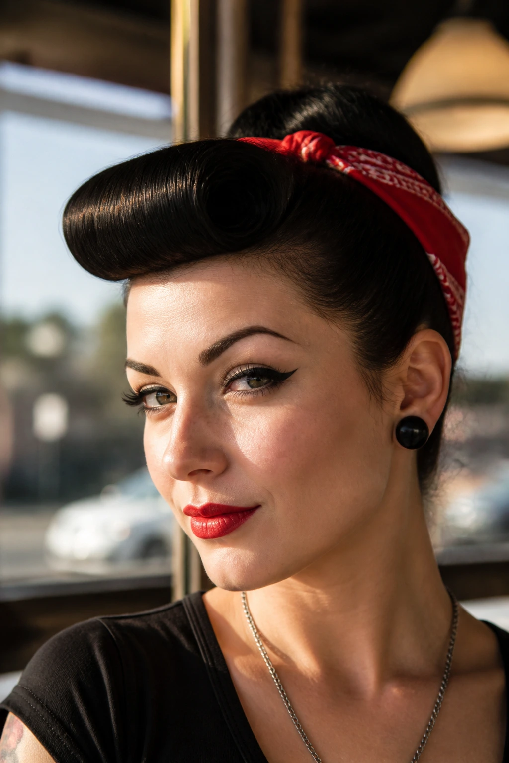 Real person with rockabilly roll fringe in a cafe window setting