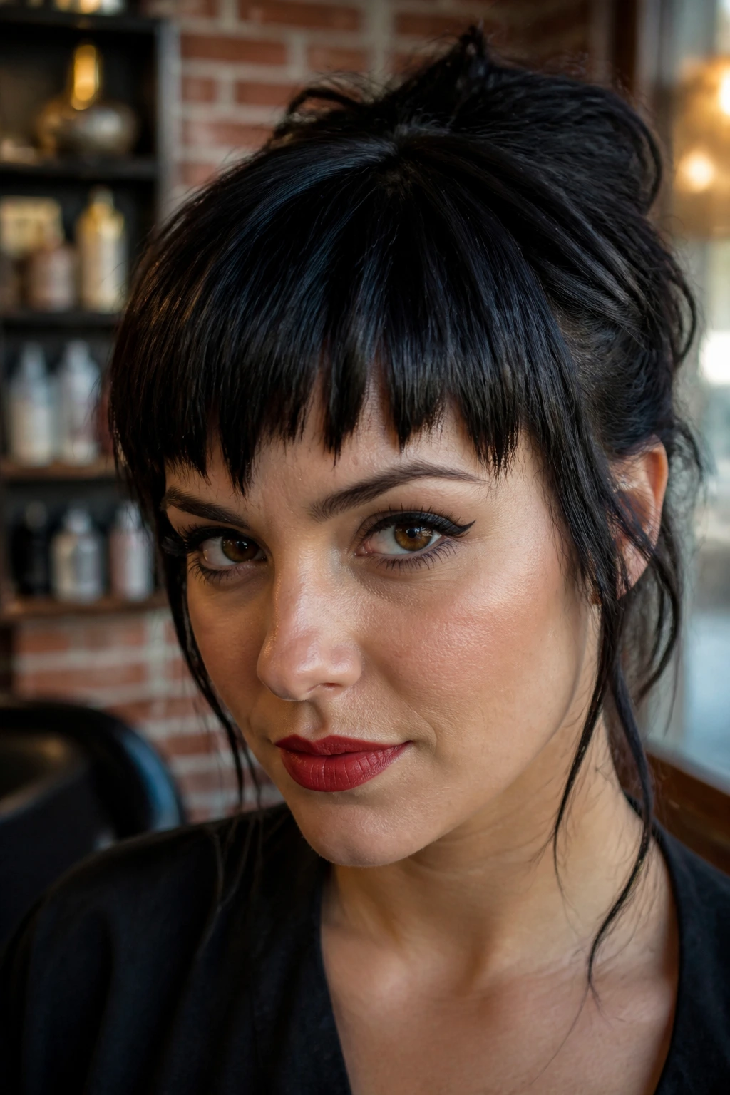 Close-up of a real woman with choppy rockabilly fringe and thick hair.