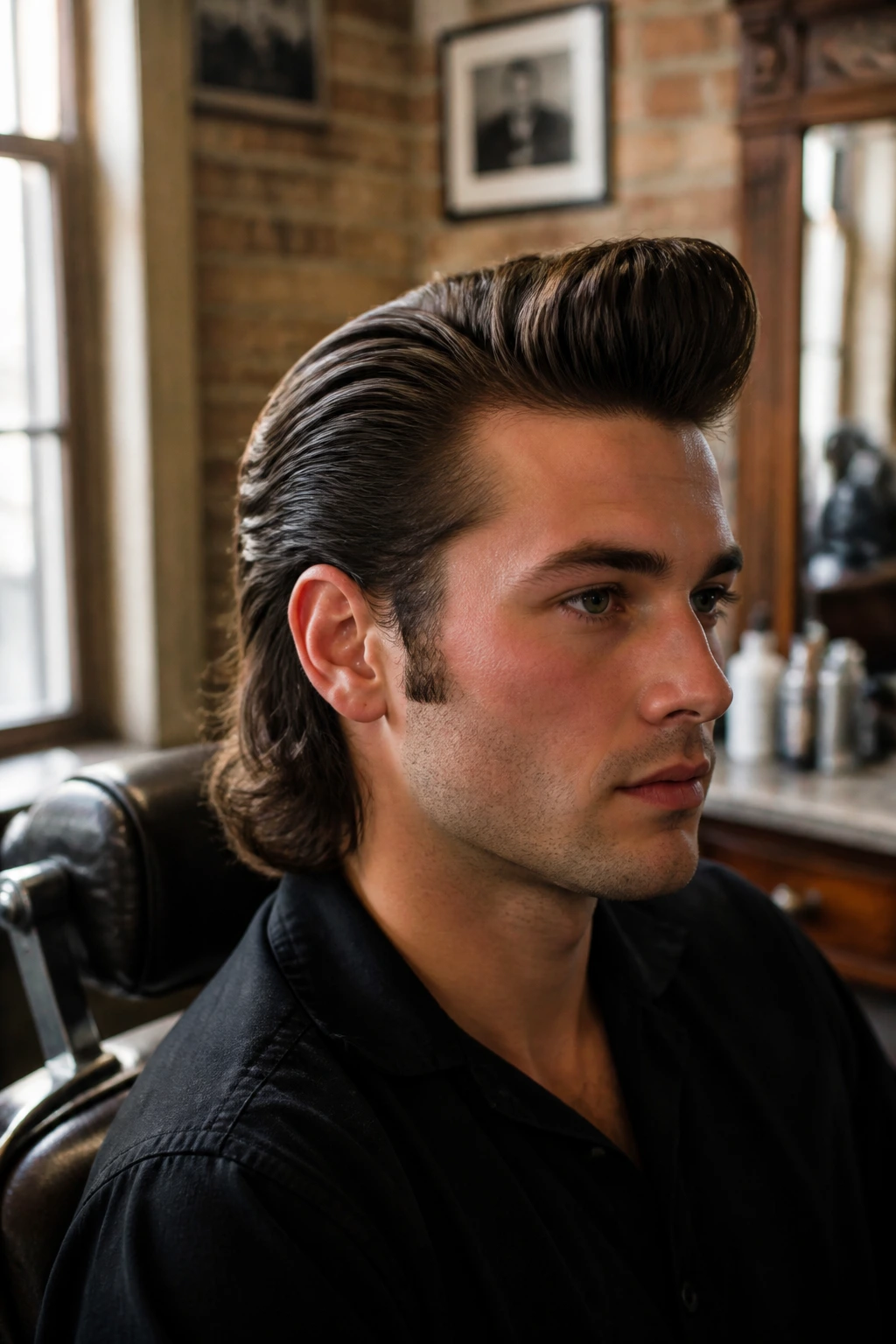 Close-up of a man with a loose rockabilly roll hairstyle in a retro barbershop
