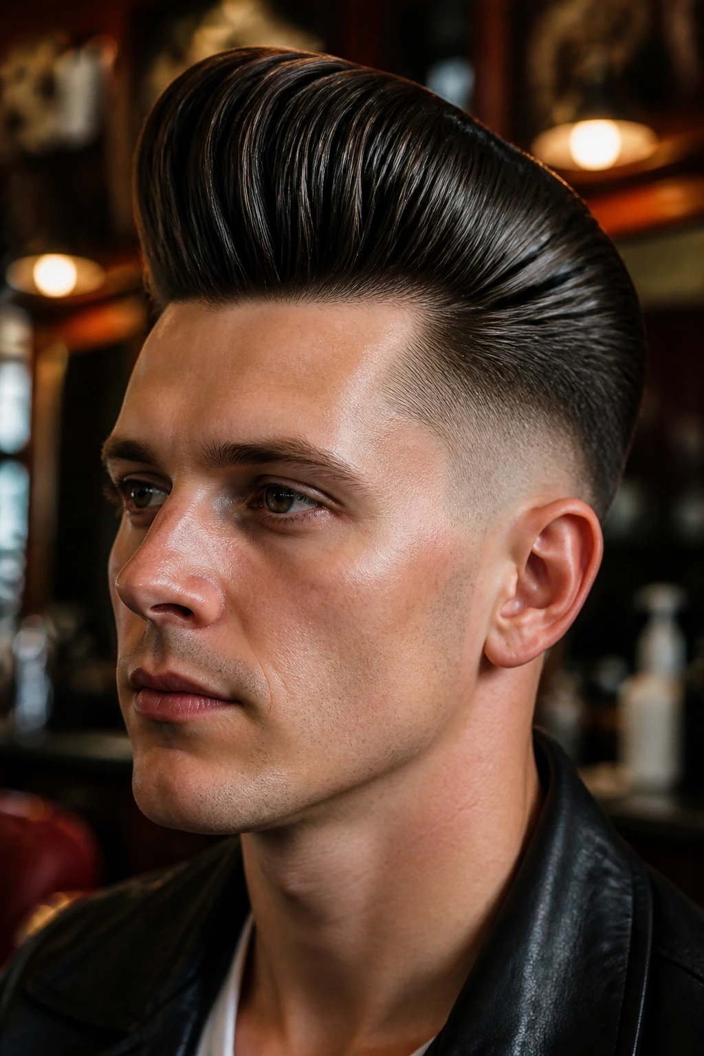 Man with high-rise rockabilly pompadour