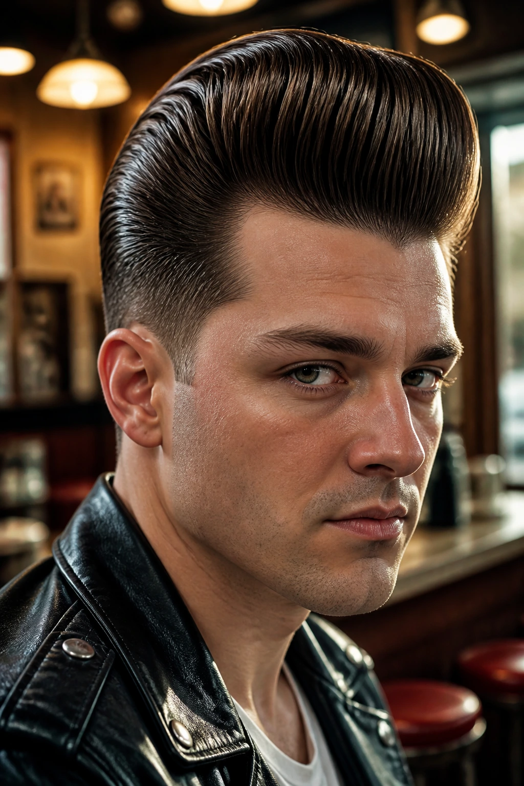 Man with dramatic rockabilly quiff with high shine